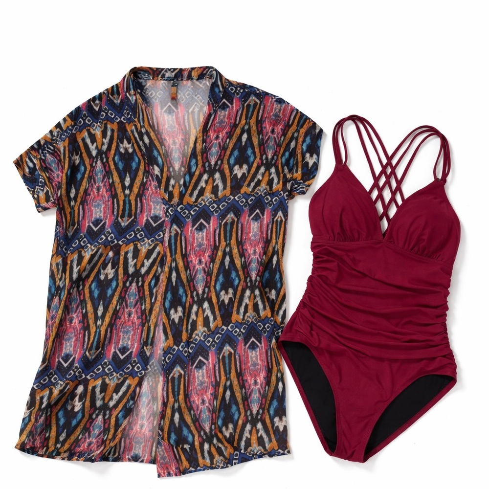 Elegant Burgundy One-Piece Swimsuit and CoverUp